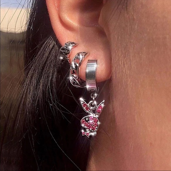 Pink Cubic Zirconia Playboy Bunny Earrings - Picture 1 of 3